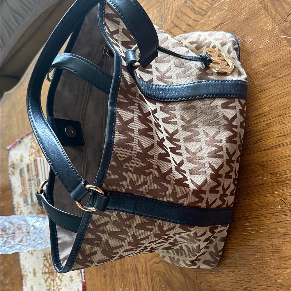 Michael Kors Tan/Brown MK Monogram Tote with Black Trim